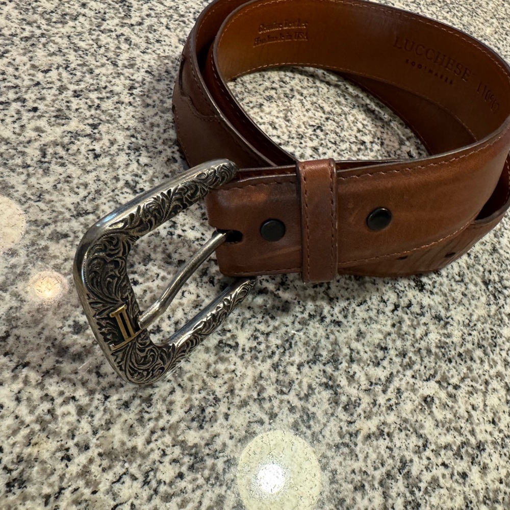 Lucchese Tan Leather Belt with Embossed Logo mens 38